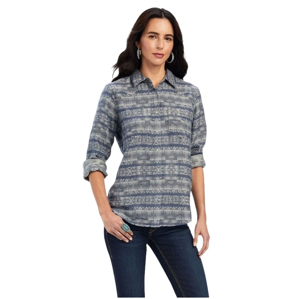 Ariat REAL Womens Billie Jean Shirt in Nightrider Jacquard Grey Relaxed Size L